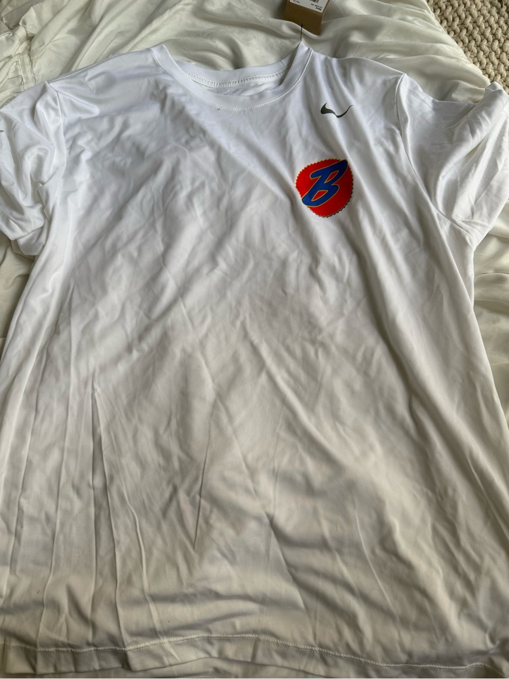Nike White Short Sleeve Tee with Red & Blue Chest 'B' Logo